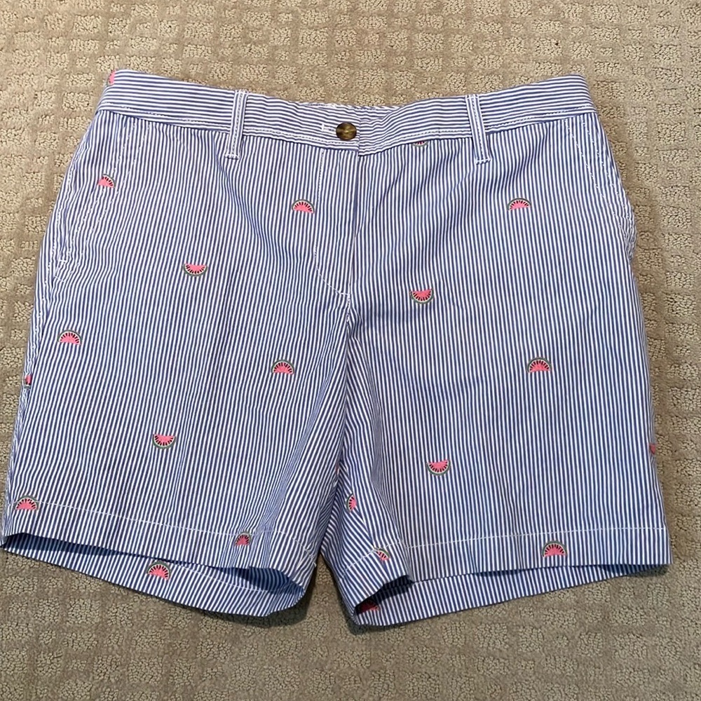 Talbots girlfriend  chino shorts in blue and white with embroidered watermelons.